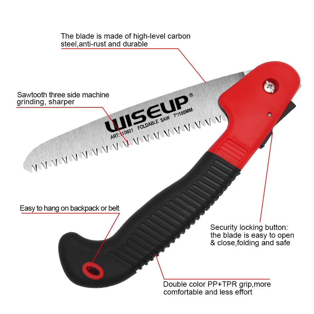 WISEUP Folding Saw Portable Camping Hand Saw with Gear Lock Carbon Steel Blade Gardening Trimming Woodworking Hand Tools