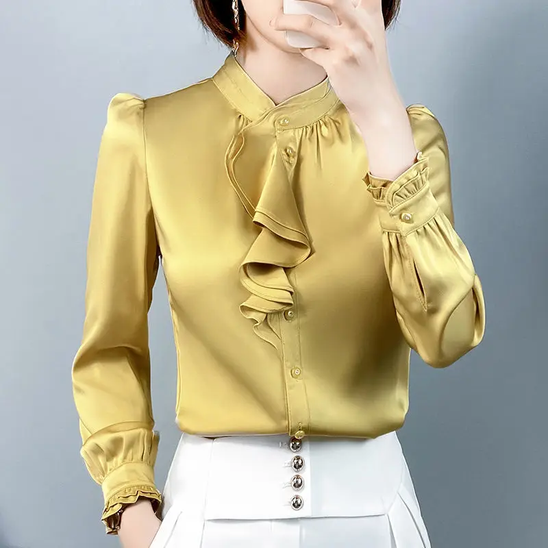 Feminine Blouse Spring Autumn New Elegant Fashion Wave Cut Ruffles Office Lady Shirts Long Sleeve Stand Collar Solid Tops Women