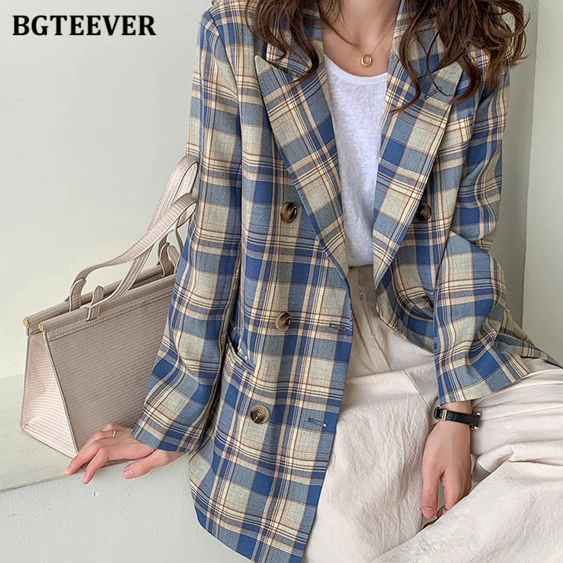 BGTEEVER Vintage Double Breasted Plaid Blazer for Women 2021 Spring Chic Notched Collar Loose Female Suit Jackets