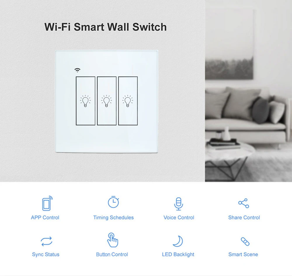 Tuya Wifi Smart Light Switch Glass Touch Panel Wireless App Remote Wall Switches Voice Control by Siri Alexa Google Home 3 Gang