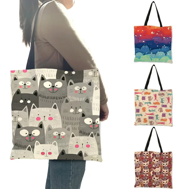 

Cartoon Geometric Cats Animal Printing Shopping Bag for Women Casual Linen Tote Bags Ladies Reusable Large Capacity Hand Bags