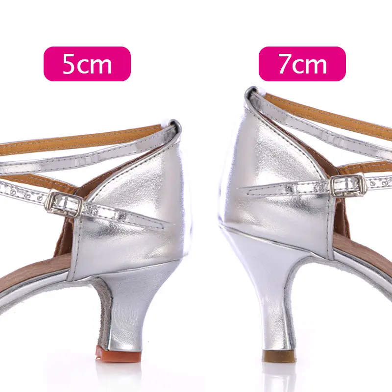 Women Salsa Dance Shoes Girls Latin Ballroom Dance Shoes Silver Gold PU Heels 5/7cm Soft Dancing Shoes Ladies Performance Shoe