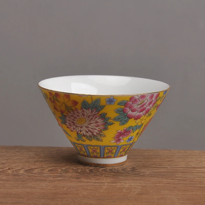 Taza maestra de esmalte de cerámica, sombrero de bambú, juego de té de Kung Fu, taza grande de té de flores, tazón de té de flores múltiples, taza individual