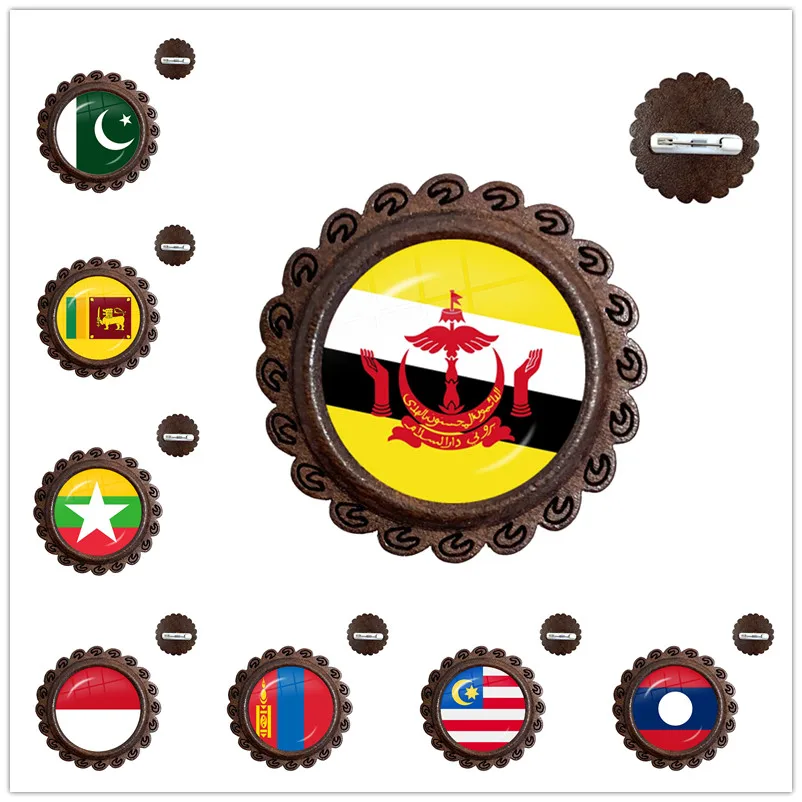 Pakistan,Brunei,Sri Lanka,Myanmar,Indonesia,Mongolia National Flag Wood Glass Cabochon Punk Brooches Pins Bag Accessories Gift