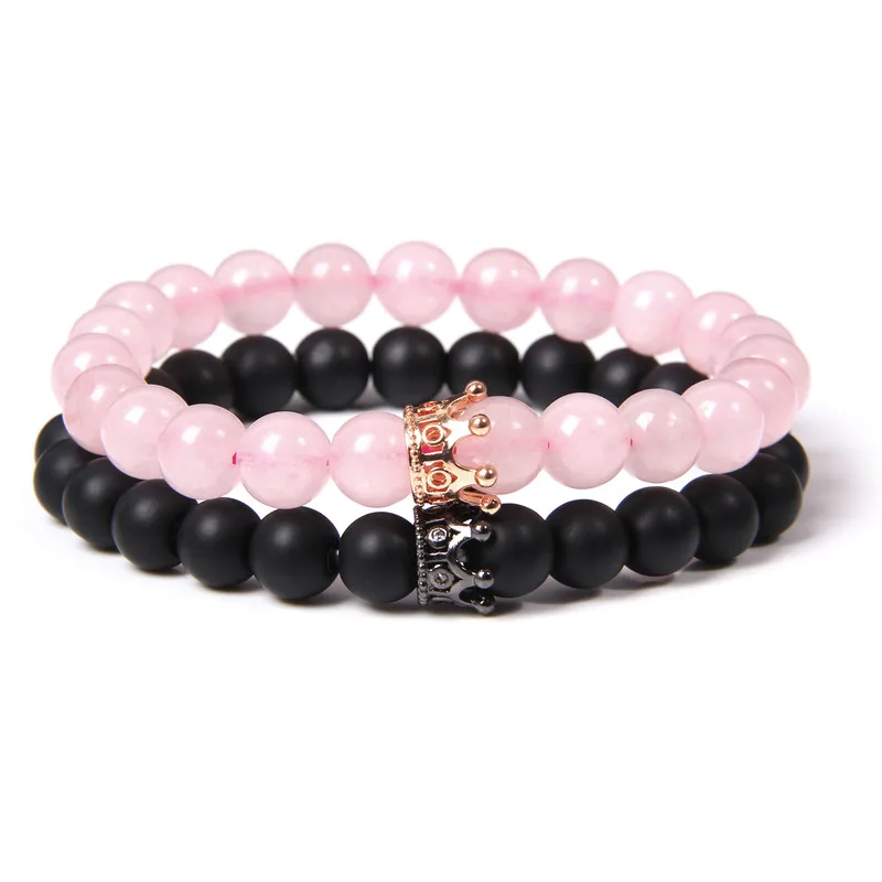2 teile/satz Paar Armband Natürliche Stein Agat Perlen Krone Charme Armbänder Für Frauen Männer Liebhaber Bester Freund Exquisite Schmuck Reiki