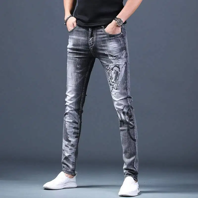 Korea Version Men’s Light Luxury Gray Jean, High Quality Slim Stretch Jeans,Print Casual Jeans,Sexy Stylish Street Jeans;