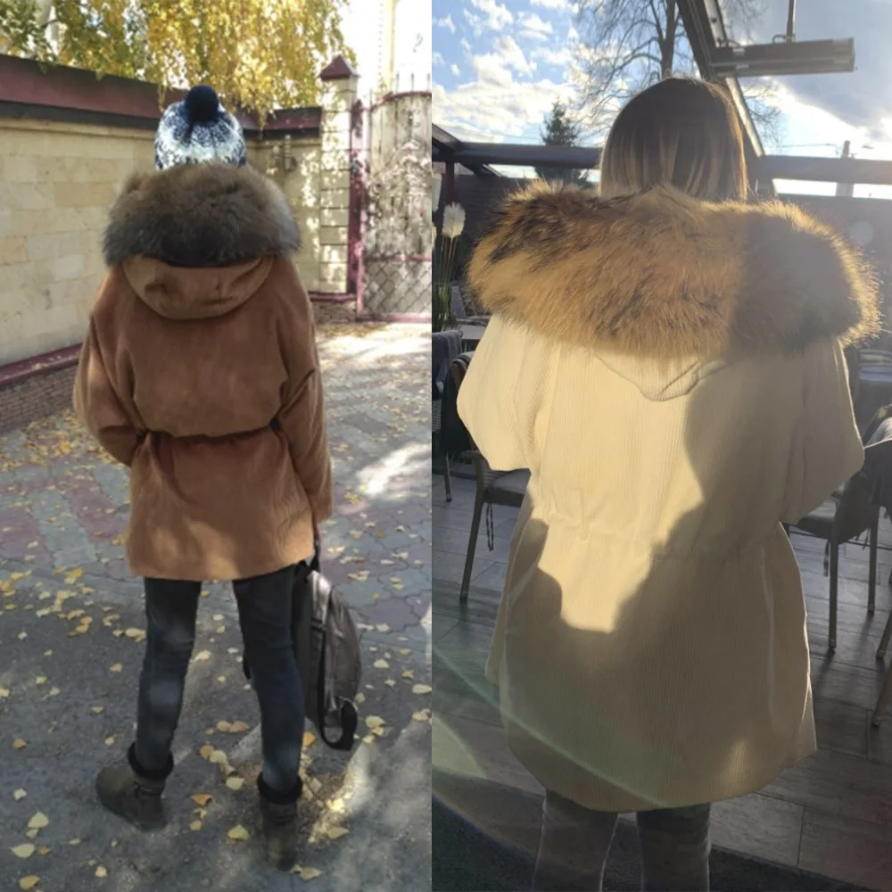 MAOMAOKONG-Parkas d'hiver avec col en fourrure de raton laveur véritable naturel pour femmes, manteau en fourrure de raton laveur, veste longue chaude en corduroi, vêtements pour femmes, 2022