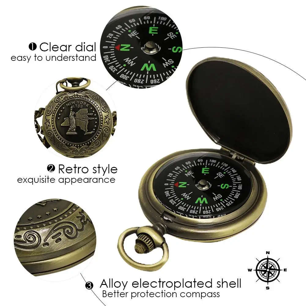 Pocket Watches Beautiful Compass Pattern Vintage Bronze Quartz Pocket Watch with Chain Necklace for Women and Men