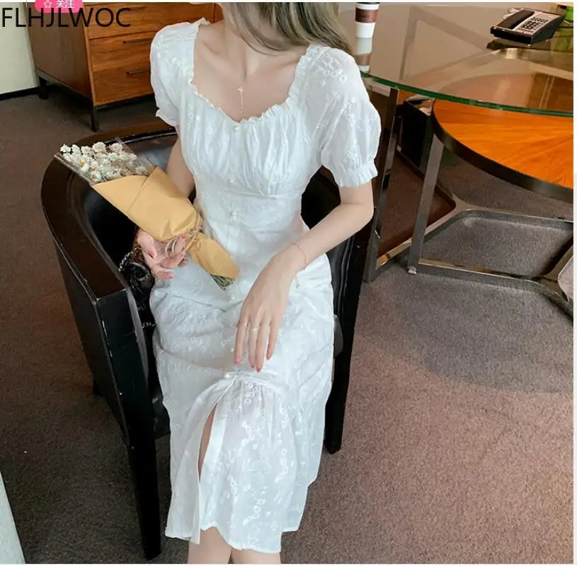 French Design Style Ruffled Feminine Vestidos Women Office Lady Short Sleeve White Lace Single Breasted Button Shirt Dress Long