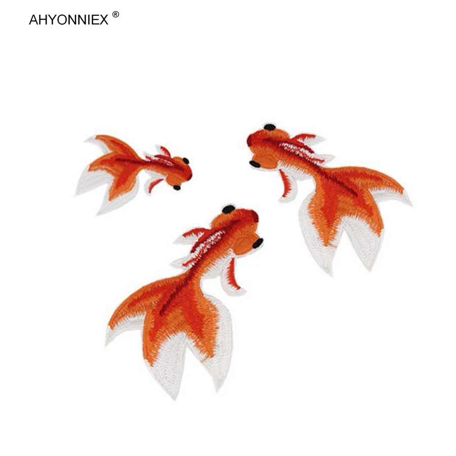 1 Piece Goldfish Embroidered Patch For Clothes Iron On Garment Applique DIY Accessory Party Decor Animal Fish Sticker