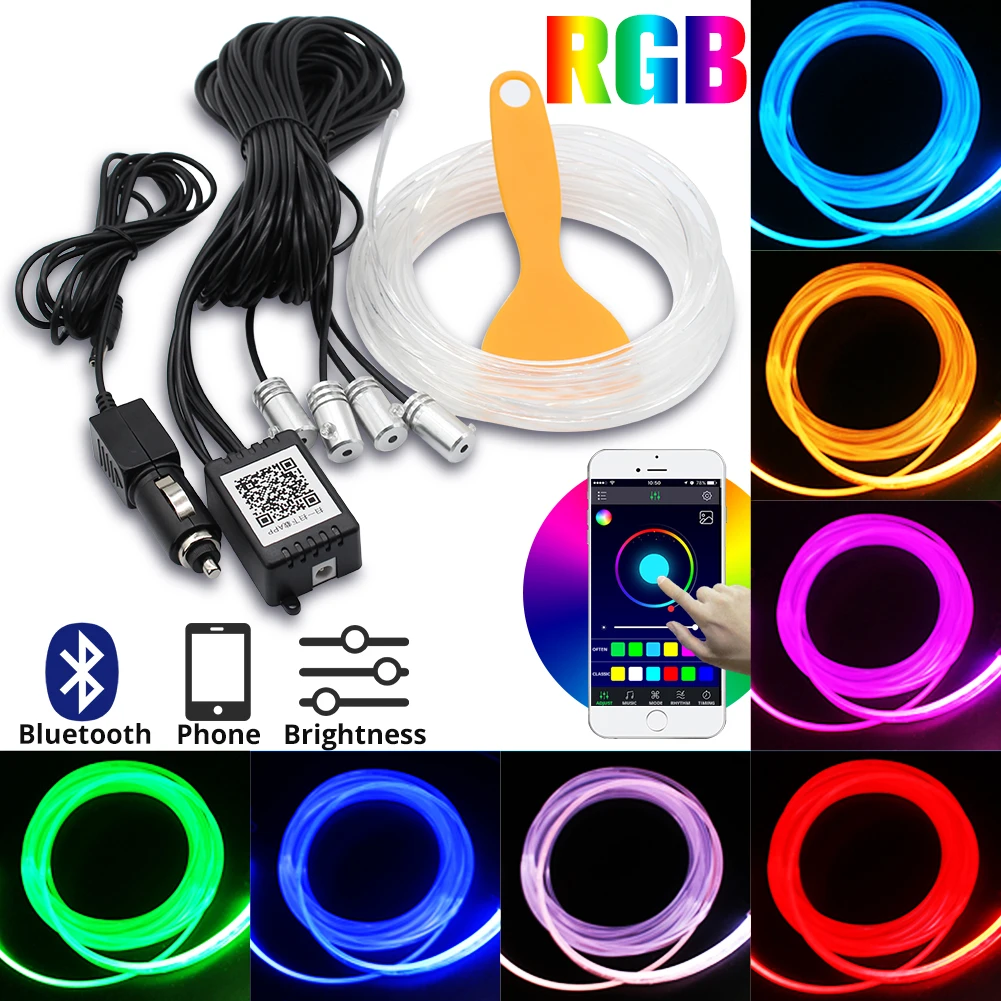 RGB LED Light Car Interior Decoration Atmosphere Light Strip 4M Optic Fiber Wire Moulding Lamp Light Bar Bluetooth APP Contrl