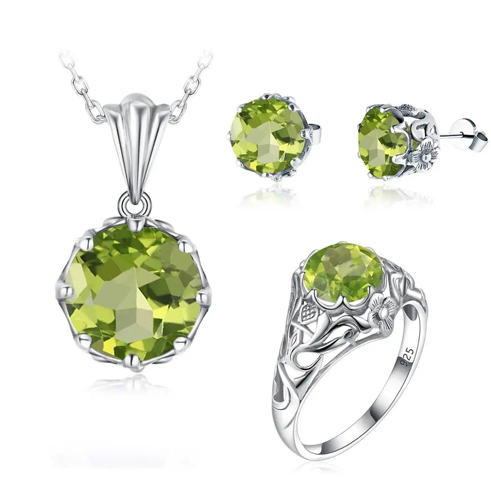 

Szjinao Silver Jewelry Sets For Women Real 925 Sterling Silver Boho Flower Carve Peridot Pendant Earrings Ring Set Fine Jewelry