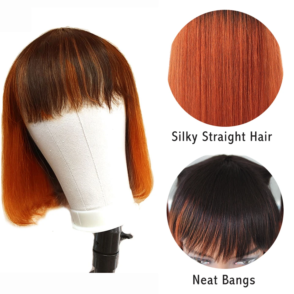 Orange Ginger Human Hair Wig Straight Short Bob Wig Human Hair with Bangs Remy Burg Purple Wig Glueless Wig For Women Human Hair