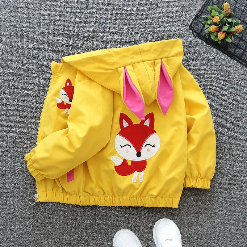 Cartoon Girls Jackets Cute Little Fox Kids Windbreaker Hooded Baby Coat Spring Autumn Children Outwear Toddler Girl Clothes 1-6Y