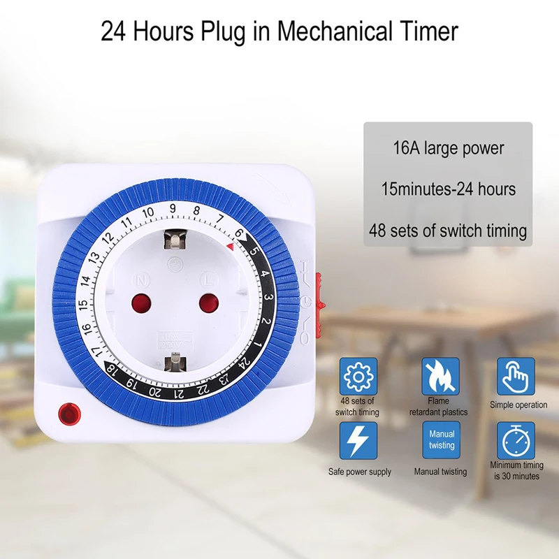 EU/US 24 Hours Timer Switch Timer Plug in Mechanical Grounded Programmable Smart Countdown Loop Switch Socket Auto Power-off