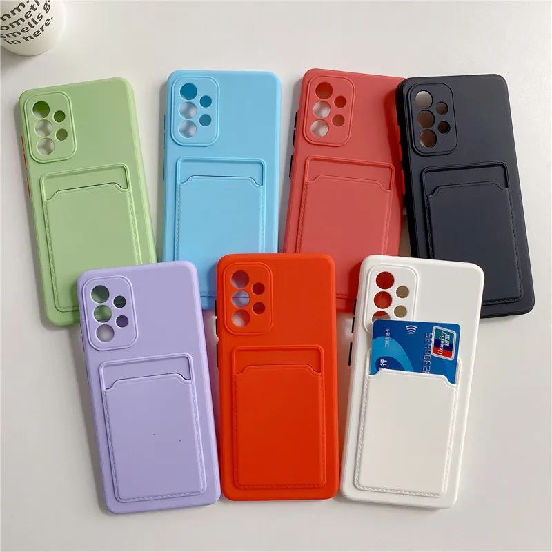Cute Solid Colors Card Pocket Slot Bag Phone Cases For Samsung Galaxy S20 S21 S22 S20FE Plus Note 10 20 Ultra Silicone TPU Cover