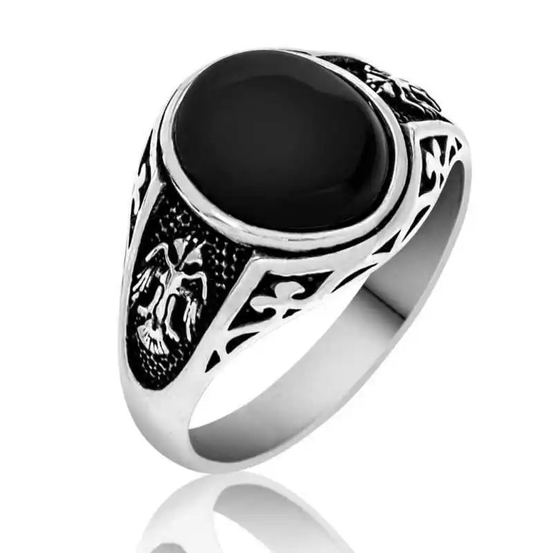 Silver Black Double Headed Eagle Men's Ring - 925 Sterling Men's Jewelry Wedding Birthday Gift - Box - Man - Fashion - Botiva - Size - Turkish - Patterned Embroidery