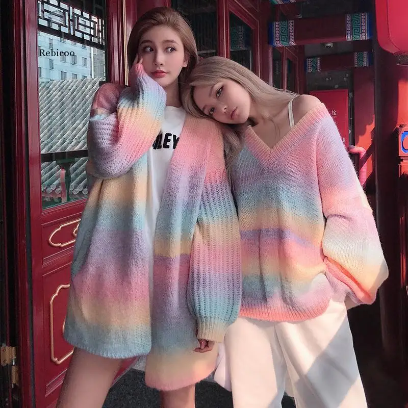 

Rainbow Sweater Women Sweet Korean Chic Full Sleeve Knitted Sweater Female Cute Knitting Sweater Coat