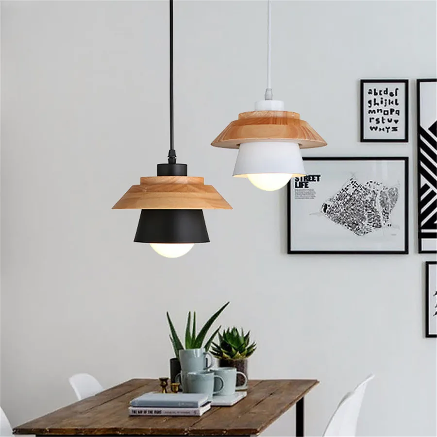 

Modern Simplicity LED E27 Pendant Light Nordic Iron Wooden Pendant Lamp for Living Room Cafe Restaurant Hanging Lights Home Art