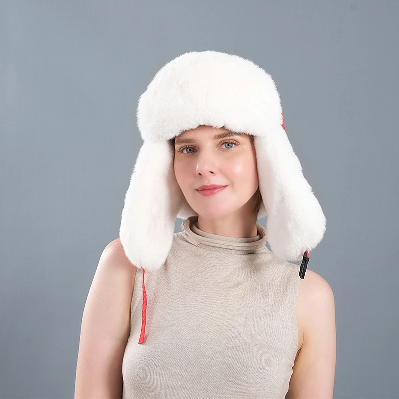 Winter Rabbit fur  Fur Hat for Women Natural  Fur cap Russian  Hats Winter Thick Warm Ears Fashion Bomber Cap