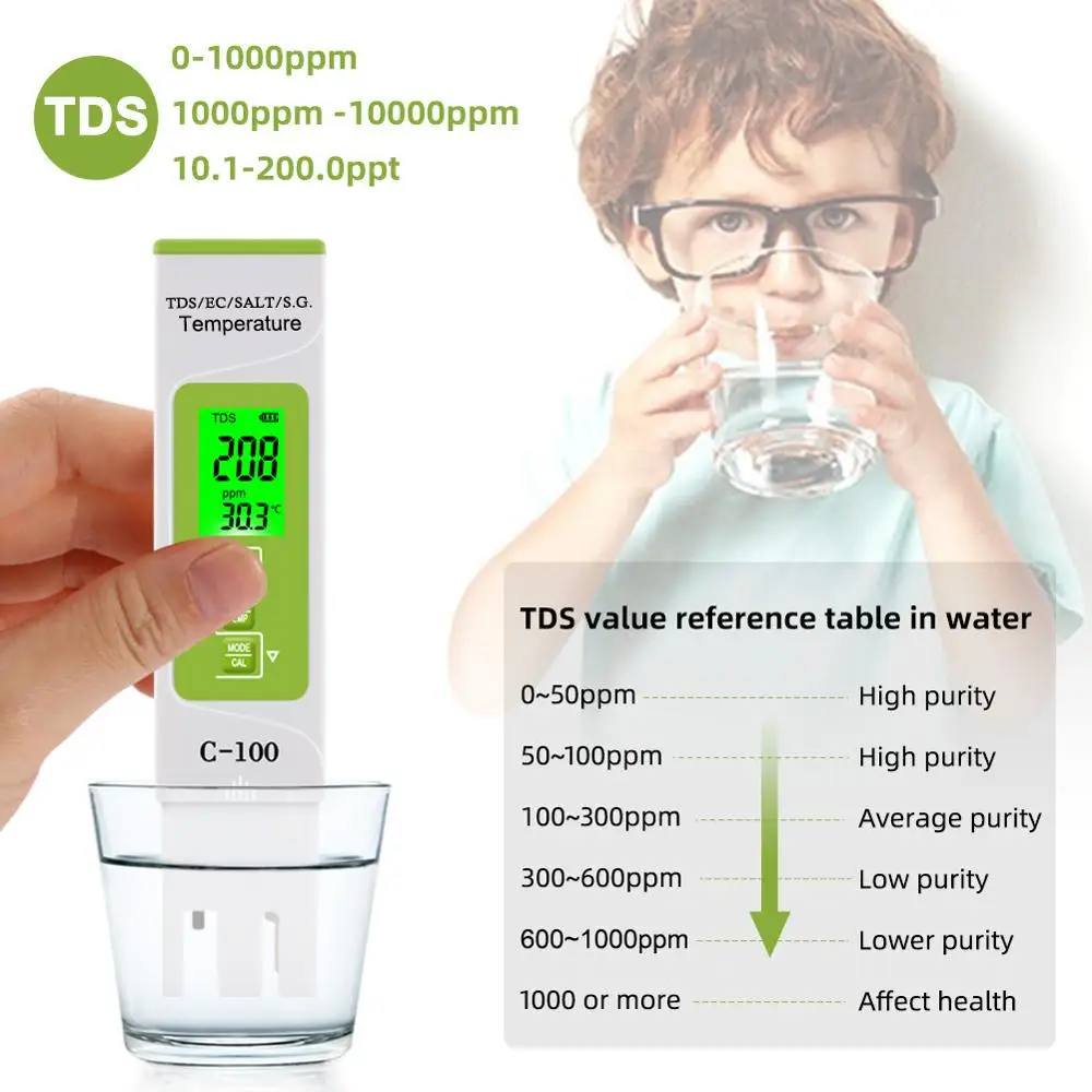 Yieryi 5 in 1 TDS/EC/SALT/S.G./Temperature Meter Digital Water Quality Monitor Tester for Pools, Drinking Water, Aquariums