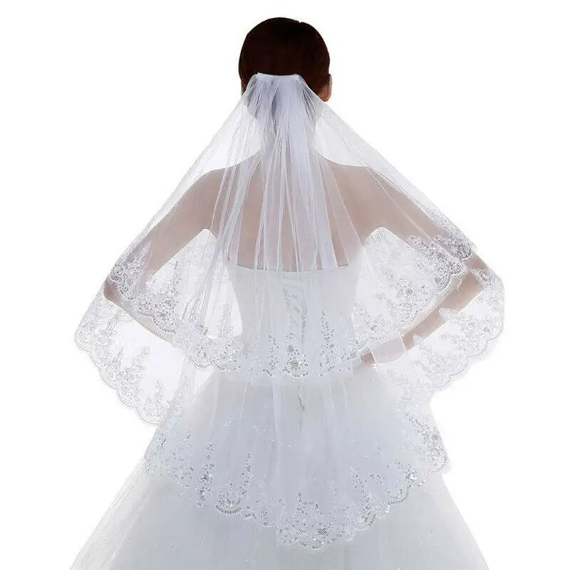 Women 2 Tier Sequins Flower Edge 80cm Length Short Bridal Wedding Veil Comb