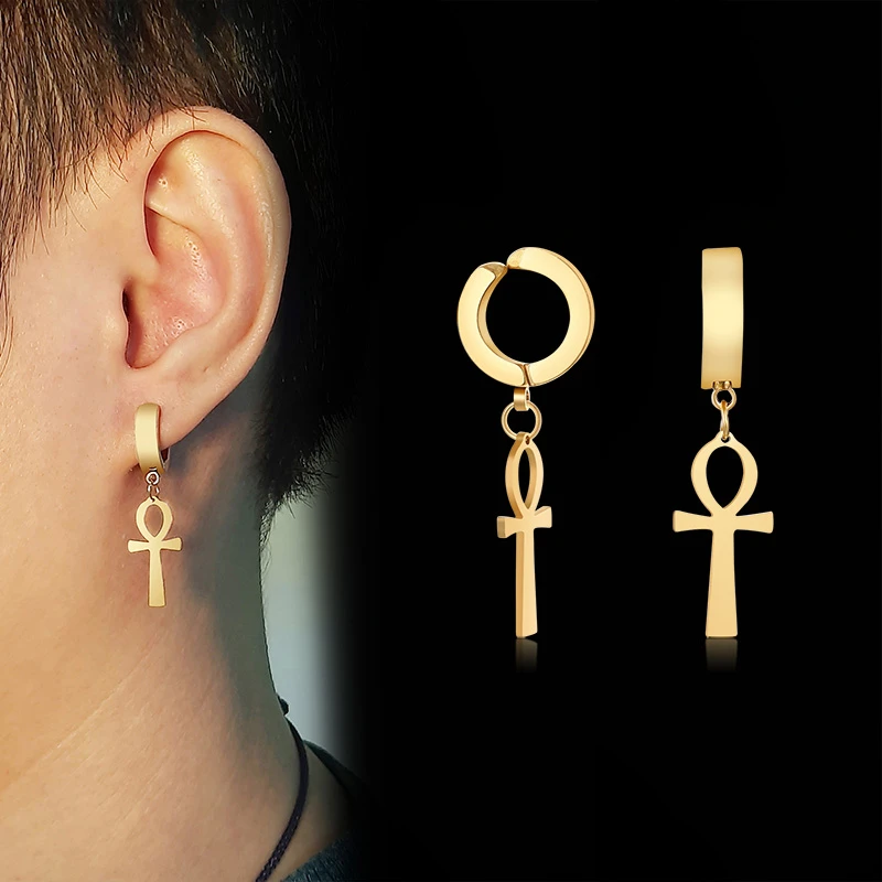 Gold Color Ankh Cross Earrings Men Stainless Steel Egyptian Cross Jewelry Women Egypt Hieroglyphs Crux Jewelry