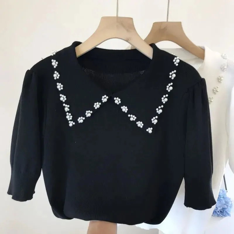 Pearl Beading Knitted T Shirt Tops Women Summer Short Sleeve Turn-down Collar Pullover Solid Slim Korean Fashion Female T-shirts