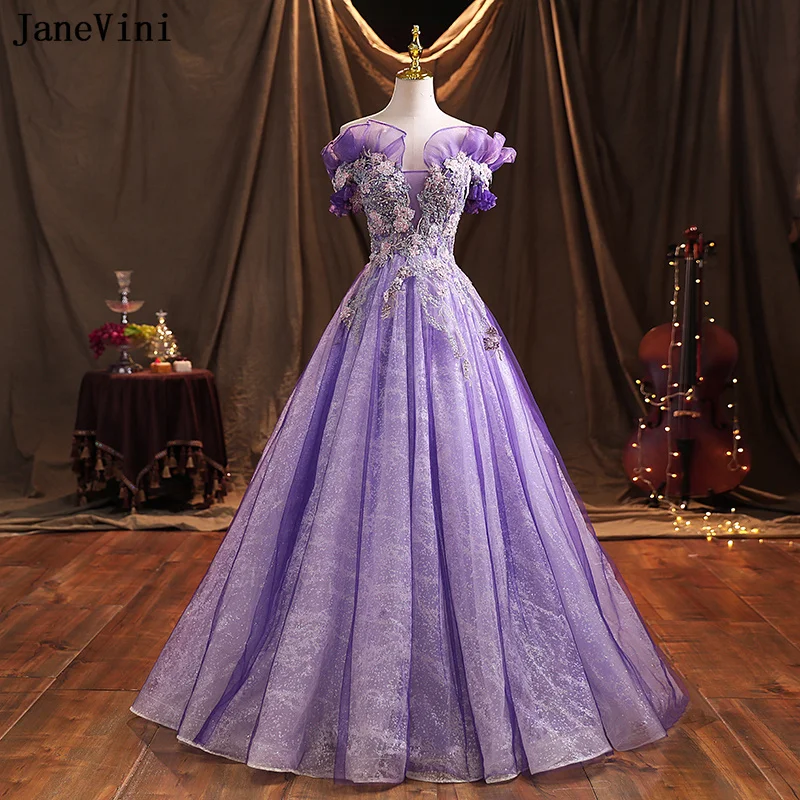 Janeviniバイオレットプリンセスのドレス,ビーズの真珠,花柄,apped Quinceanera,パーティー用,16個