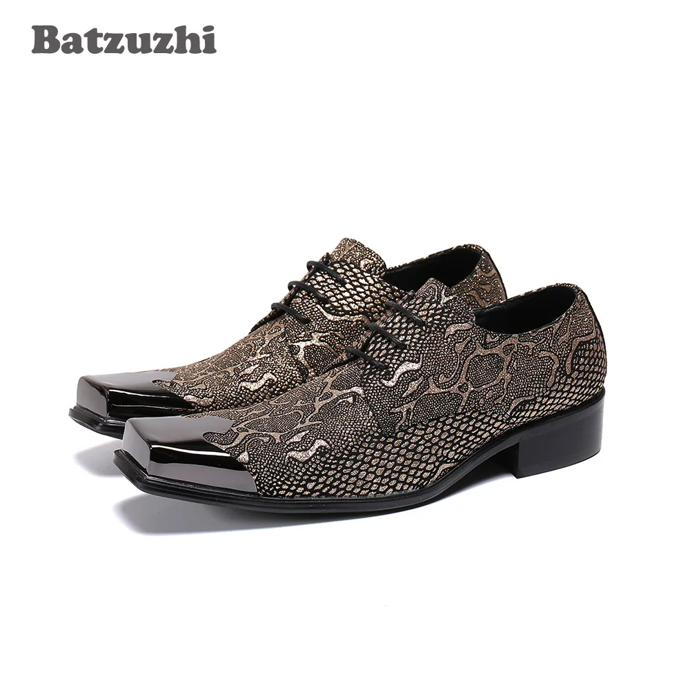 Batzuzhi Handmade Men's Shoes Pointed Toe Personality Men's Genuine Leather Dress Shoes Lace-up Business and Party Wedding