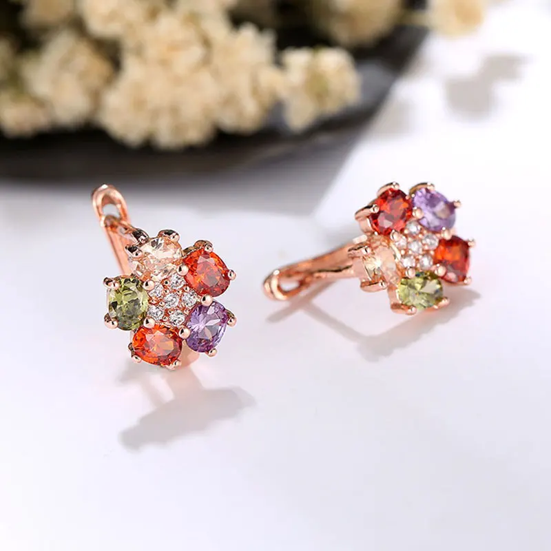 HUAMI Colorful Rose Gold Earrings Flower Sweet Environmental Protection Copper Zinrcon Jewelry for Gilr New Year Gift Ins Sale