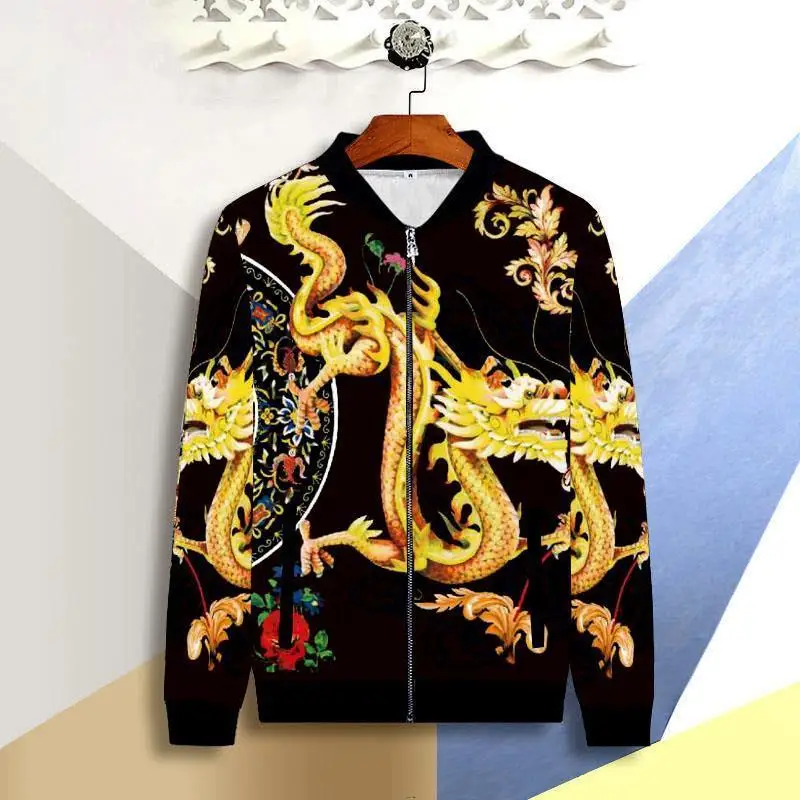 Autumn and winter new style 3D dragon print jacket street slim fit men\'s jacket long sleeve zipper jacket pilot clothes men