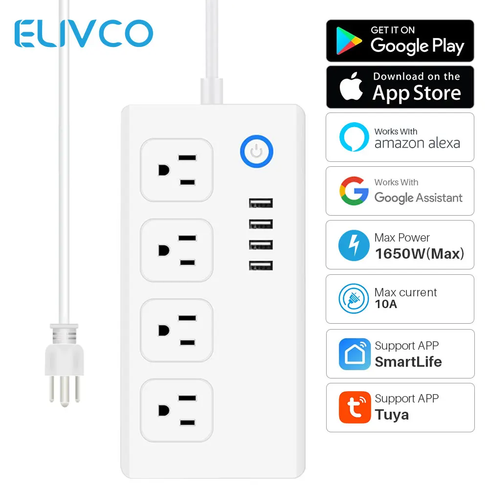 Tuya Wifi Smart Power Strip 10A US 4 Socket 4 USB Charging Ports Voice Control SmartLife APP Works With Alexa Google Assistant