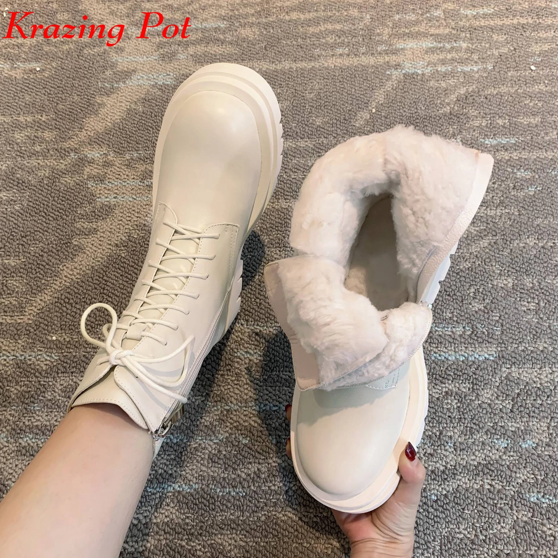 Krazing Pot Wool Winter Keep Warm Snow Boots Full Grain Leather Round Toe High Heels Sheep Fur Lace Up Plus Size Ankle Boots L05