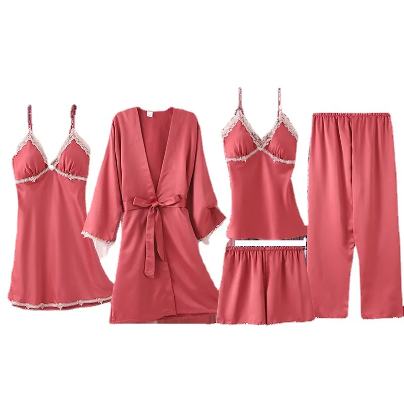 Set di pigiami primaverili da 5 pezzi set da notte da notte con scollo a v in pizzo da donna cinturino Sexy Top e pantaloni pigiama Lounge con pettorali camicia da notte