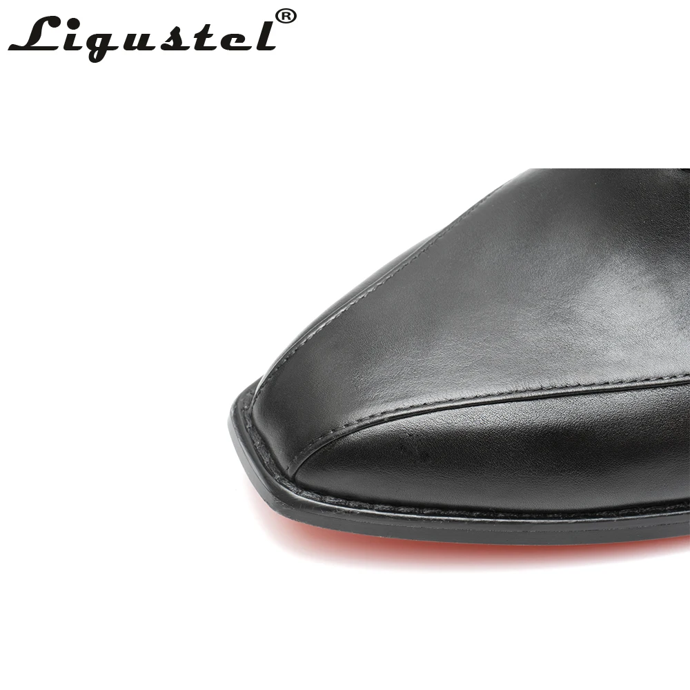 Ligustel Mens Designer Black Genuine Leather Shoes Mens luxury Red Bottom Fashion Wedding Shoes Men Office Shoes Plus Size