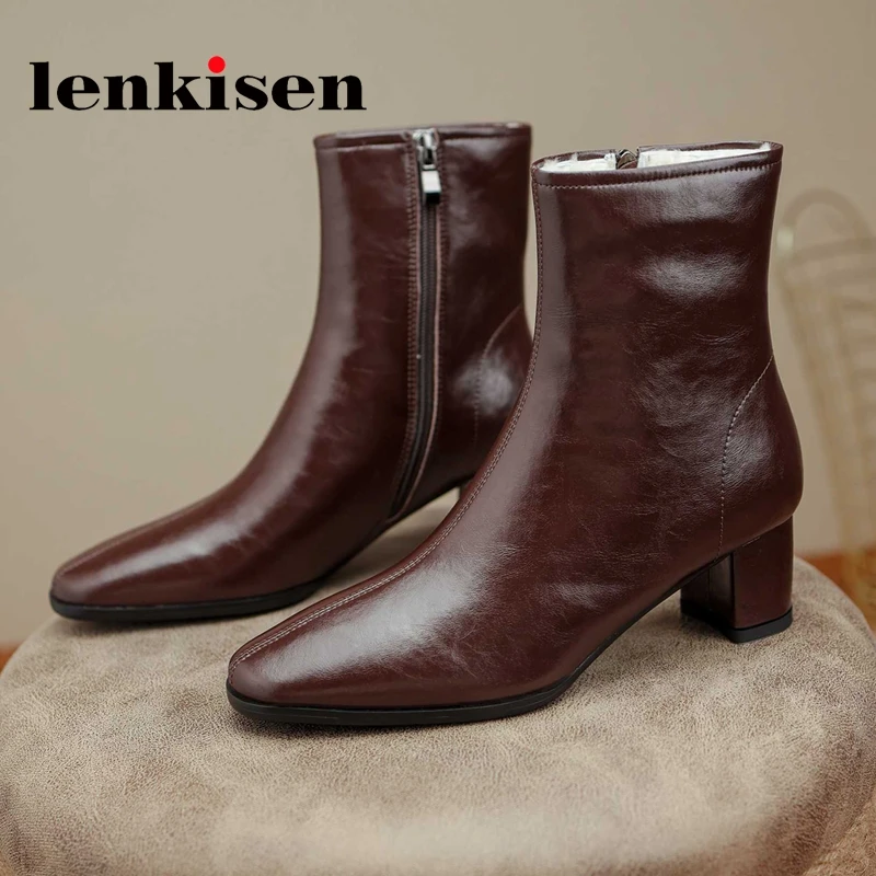 

Lenkisen big size genuine leather square toe high heels snow boots winter warm England style retro mature basic ankle boots L27