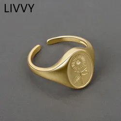 LIVVY Silver Color Flower Pattern Rings For Women Vintage Charm Creative Couples Large Adjustable Party Jewelry