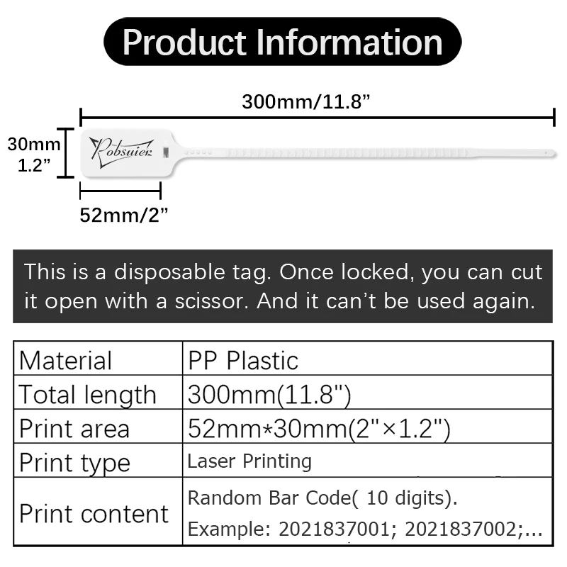 100 Plastic Bar Code Labels Disposable Adjustable Security Seals Zip Tie Random Barcode Tag for Product Shoes Bags Clothes 30cm