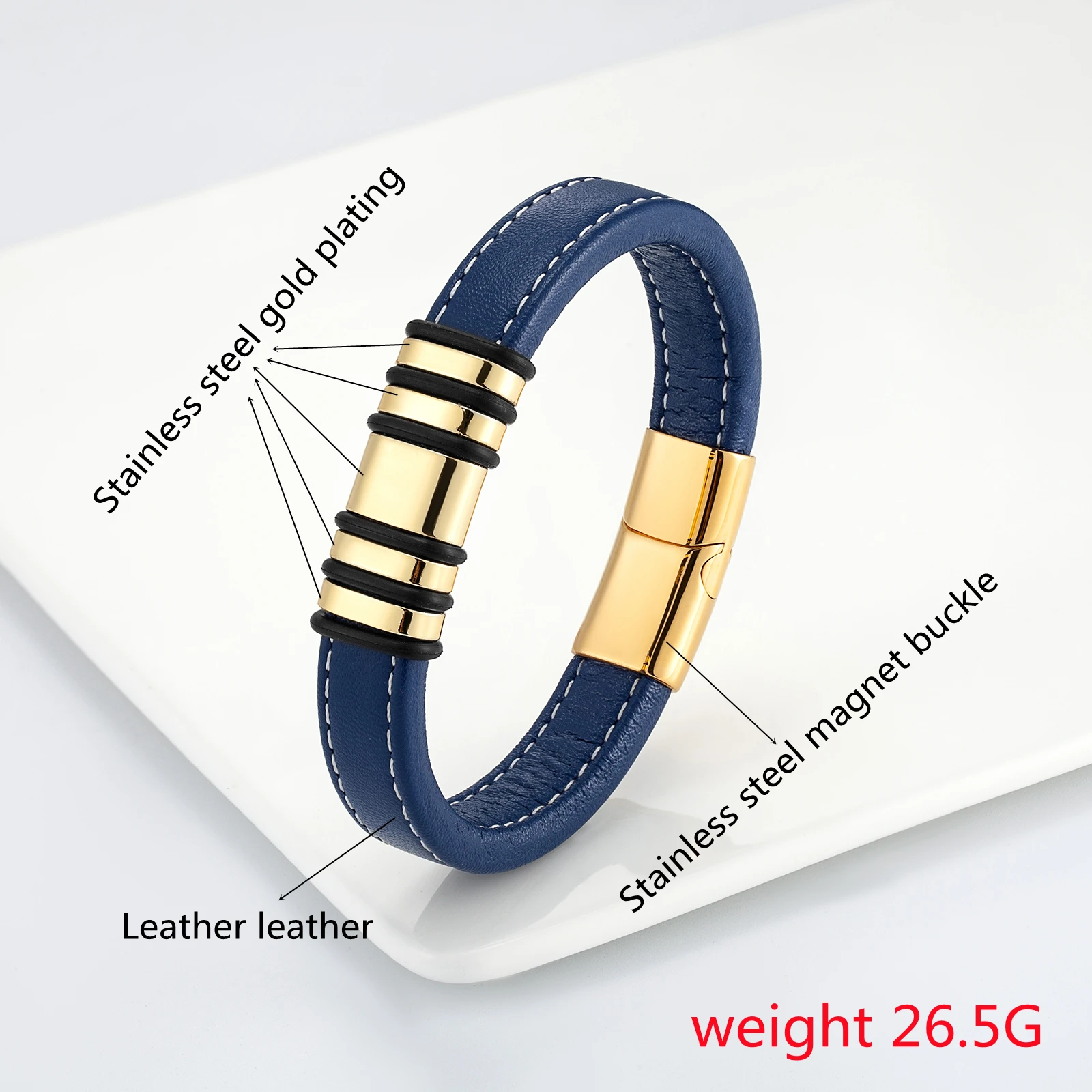 2021 New Fashion Simple Punk Style 5 Ring Stainless Steel Men\'s Classic Bracelet Blue Wide Leather Rope Charm Bracelet