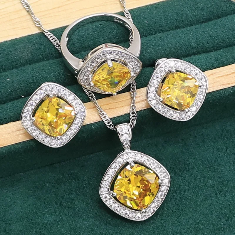 Geometric Yellow Zircon 925 Sterling Silver Jewelry set for Women Wedding Bracelet Stud Earrings Necklace pendant Ring