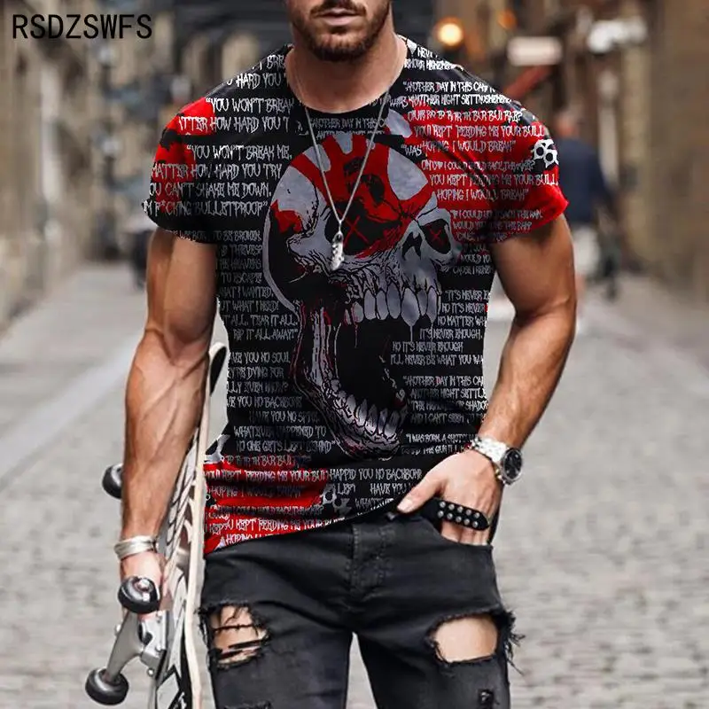 Personality 3D Printing Men\'s T-Shirt Skull Pattern for Men Demon Streetwear Handsome O-Neck Short Sleeves Casual Tshirt Top Tee