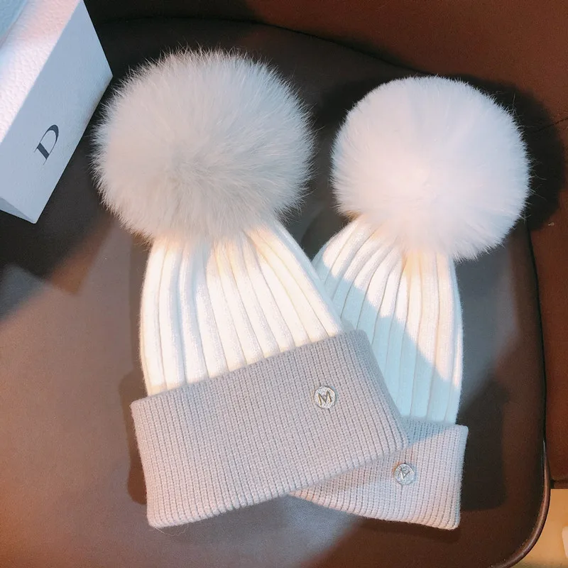 

New Beanies for Ladies Cotton Kintted M Letter Fox Fur Pompom Winter Warm Women Beanies Ear Elastic White Saller