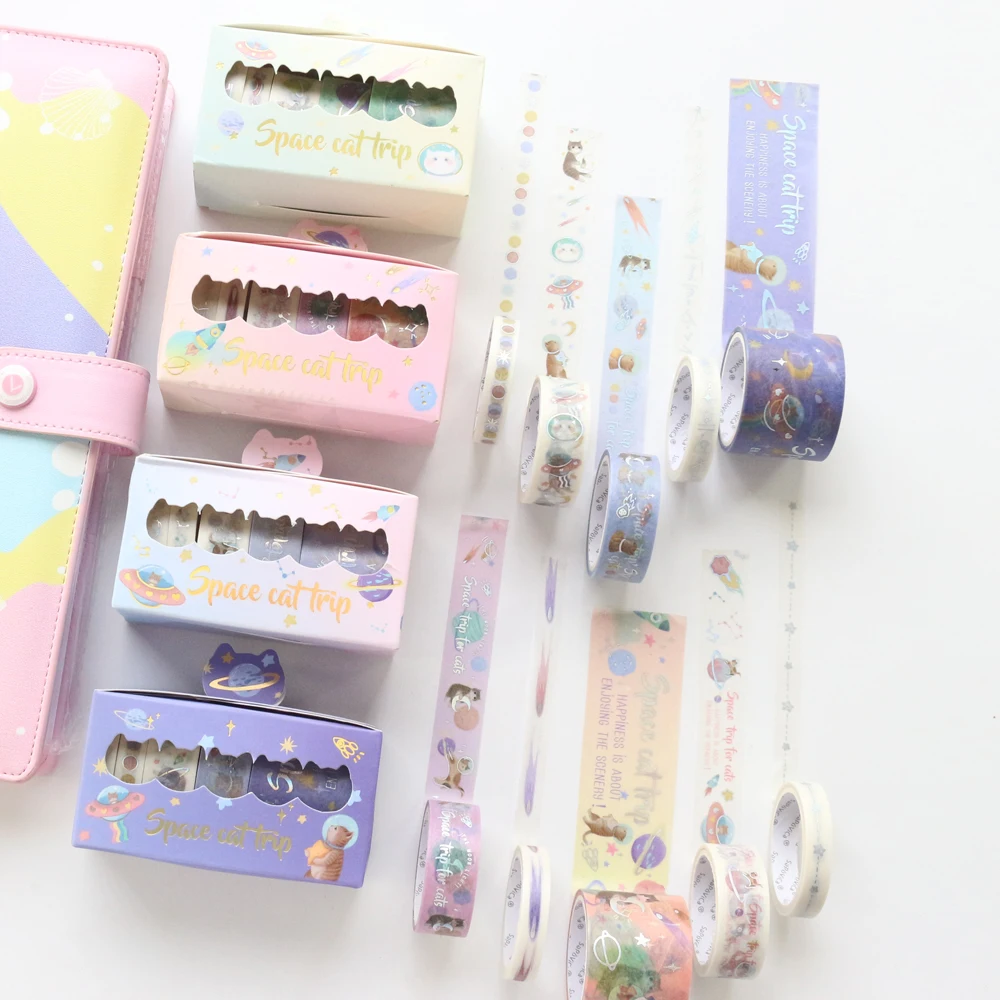 Domikee cute sky star cat sliver foil washi tapes lot school traveler journal diary decorative DIY masking tape stationery 5roll