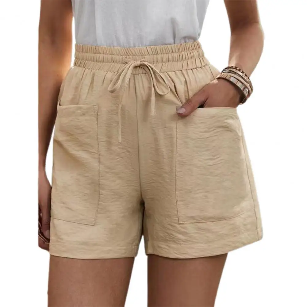 Women Shorts High Waist Cotton Flax two big pockets Bottoms drawstring shorts Elastic Waist Loose pantalones cortos de mujer