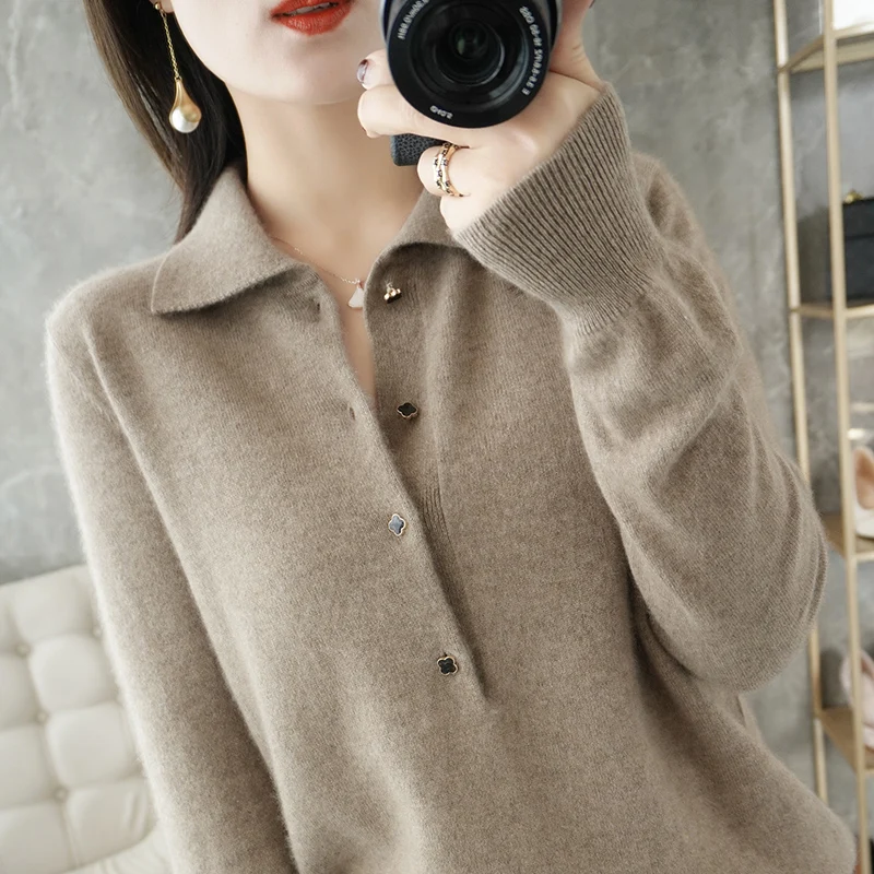 Cashmere sweater women 2021 winter new 100% wool Turn-down Collar sweater casual knitwear plus size solid color loose ladies top