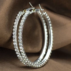 Brincos populares com strass 20mm-90mm, círculo de cristal, brincos de argola banhados a prata, simples, grande, redondo, para mulheres