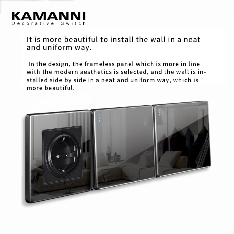 KAMANNI Luxury Light Switch General Standard Crystal Tempered Glass 2Gang 2 Way Switch Black Power Push Botton light Switch 220V