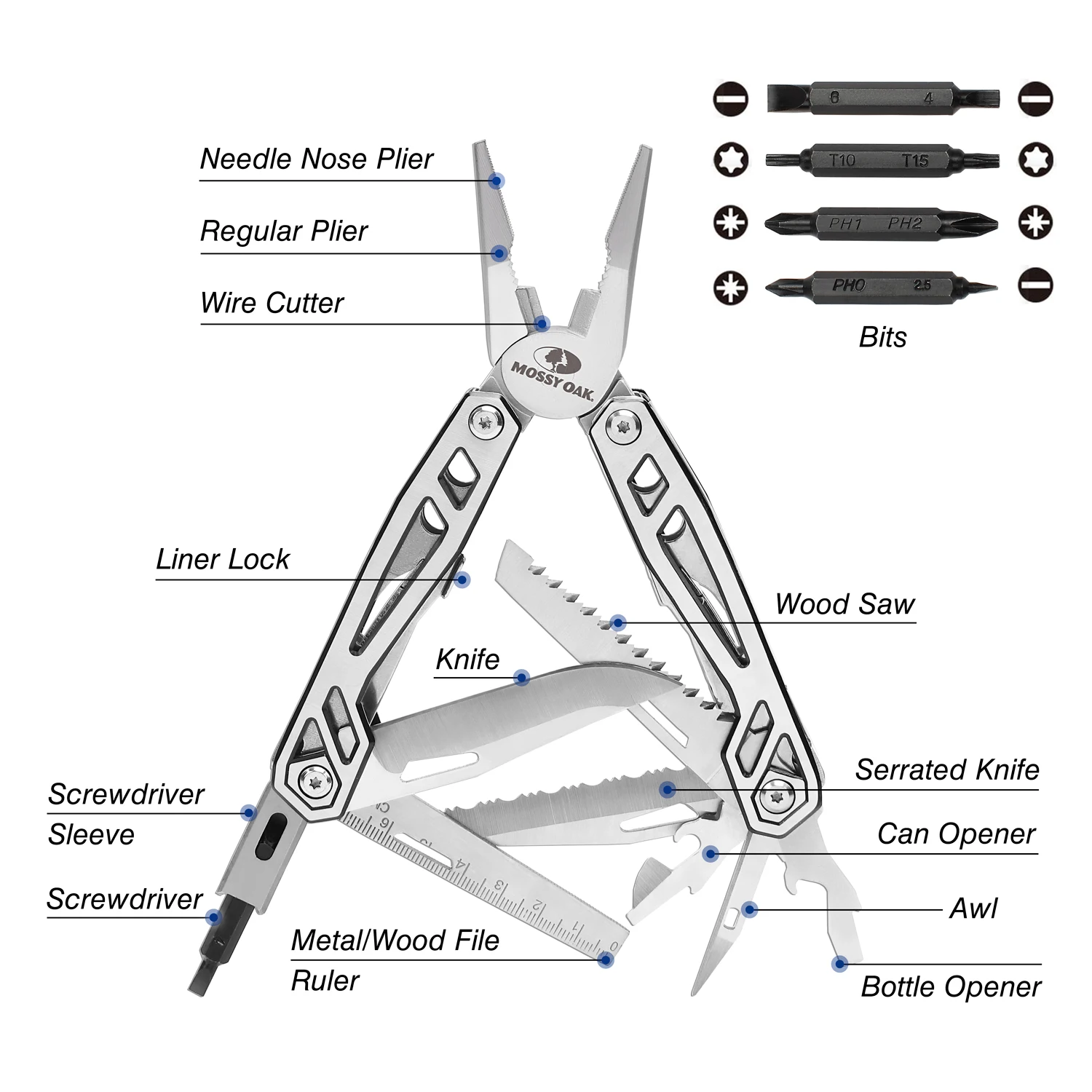 MOSSY OAK 21 in 1 Multi Function Pliers Stainless Steel Portable Pocket Knife with Sheath for Outdoors Survival Camping