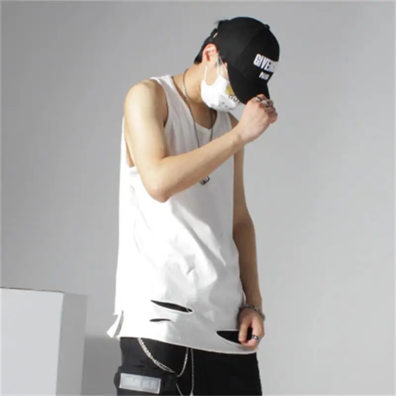 Men's Sleeveless T-Shirt Summer New Solid Color Comfortable Leisure Simple Personality Hole Design Loose Large Size Vest